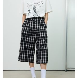 American Retro Blue and White Checkered Loose Wide-Leg Three-Quarter Pants for Women - Casual Y2K Style