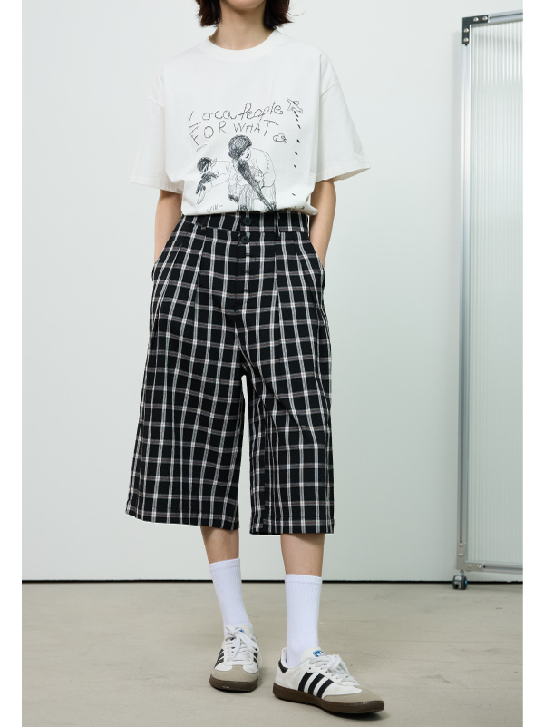 American Retro Blue and White Checkered Loose Wide-Leg Three-Quarter Pants for Women - Casual Y2K Style American Retro Blue and White Checkered Loose Wide-Leg Three-Quarter Pants for Women - Casual Y2K Style