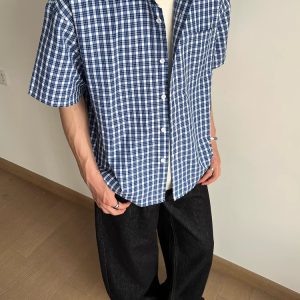 American Retro Blue Plaid Short Sleeve Shirt for Men and Women - Casual Loose Summer Fashion