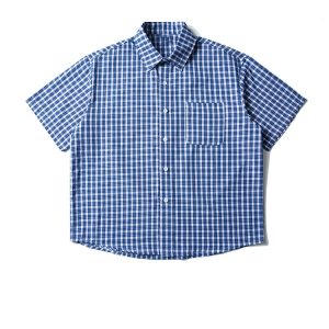 American Retro Blue Plaid Short Sleeve Shirt for Men and Women - Casual Loose Summer Fashion