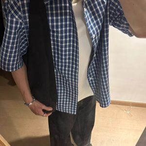 American Retro Blue Plaid Short Sleeve Shirt for Men and Women - Casual Loose Summer Fashion