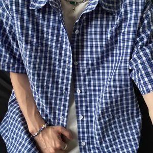 American Retro Blue Plaid Short Sleeve Shirt for Men and Women - Casual Loose Summer Fashion