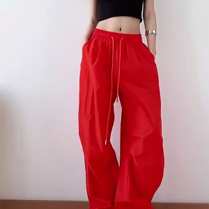 American Retro Blue Wide-Leg Cargo Pants for Women - Summer Loose Fit Casual Sports Floor-Length Trousers