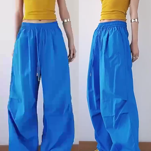 American Retro Blue Wide-Leg Cargo Pants for Women - Summer Loose Fit Casual Sports Floor-Length Trousers