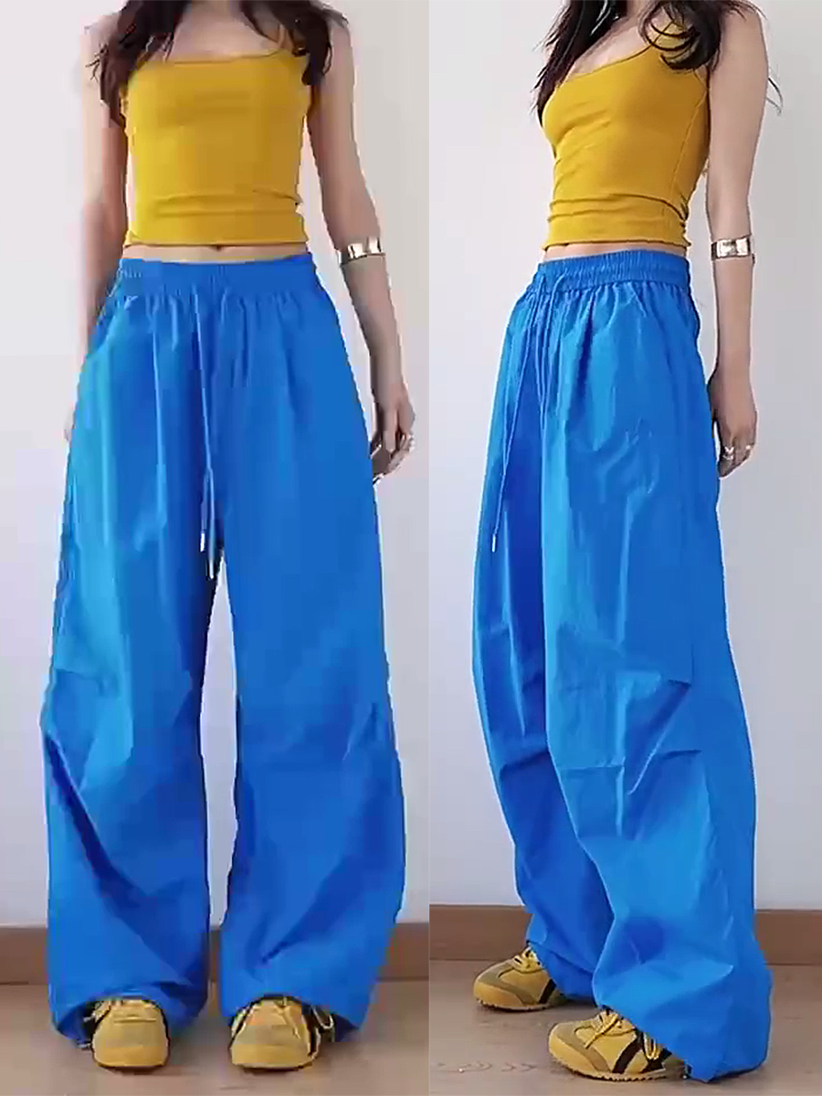 American Retro Blue Wide-Leg Cargo Pants for Women - Summer Loose Fit Casual Sports Floor-Length Trousers American Retro Blue Wide-Leg Cargo Pants for Women - Summer Loose Fit Casual Sports Floor-Length Trousers