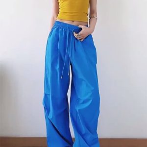 American Retro Blue Wide-Leg Cargo Pants for Women - Summer Loose Fit Casual Sports Floor-Length Trousers