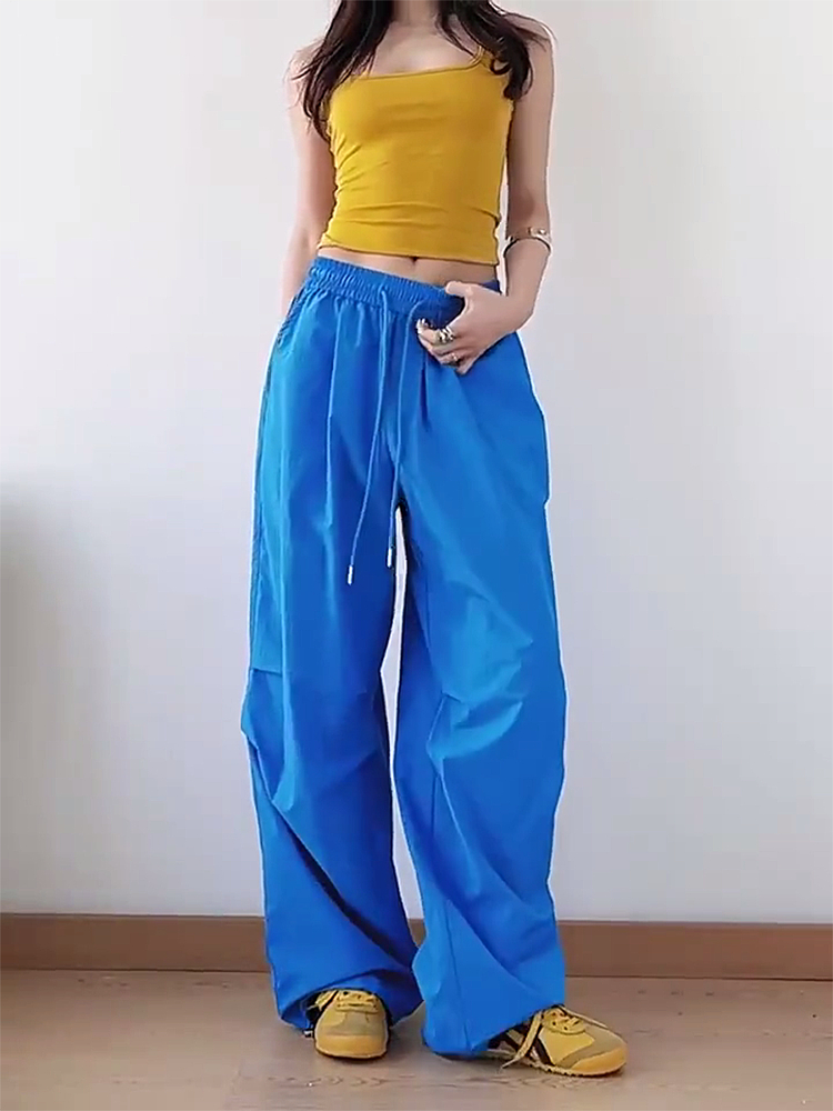 American Retro Blue Wide-Leg Cargo Pants for Women - Summer Loose Fit Casual Sports Floor-Length Trousers American Retro Blue Wide-Leg Cargo Pants for Women - Summer Loose Fit Casual Sports Floor-Length Trousers