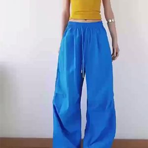 American Retro Blue Wide-Leg Cargo Pants for Women - Summer Loose Fit Casual Sports Floor-Length Trousers