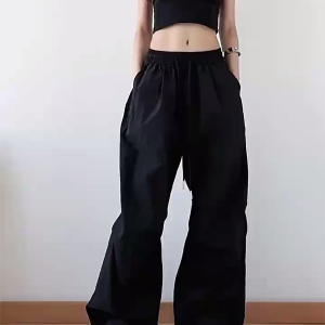 American Retro Blue Wide-Leg Cargo Pants for Women - Summer Loose Fit Casual Sports Floor-Length Trousers