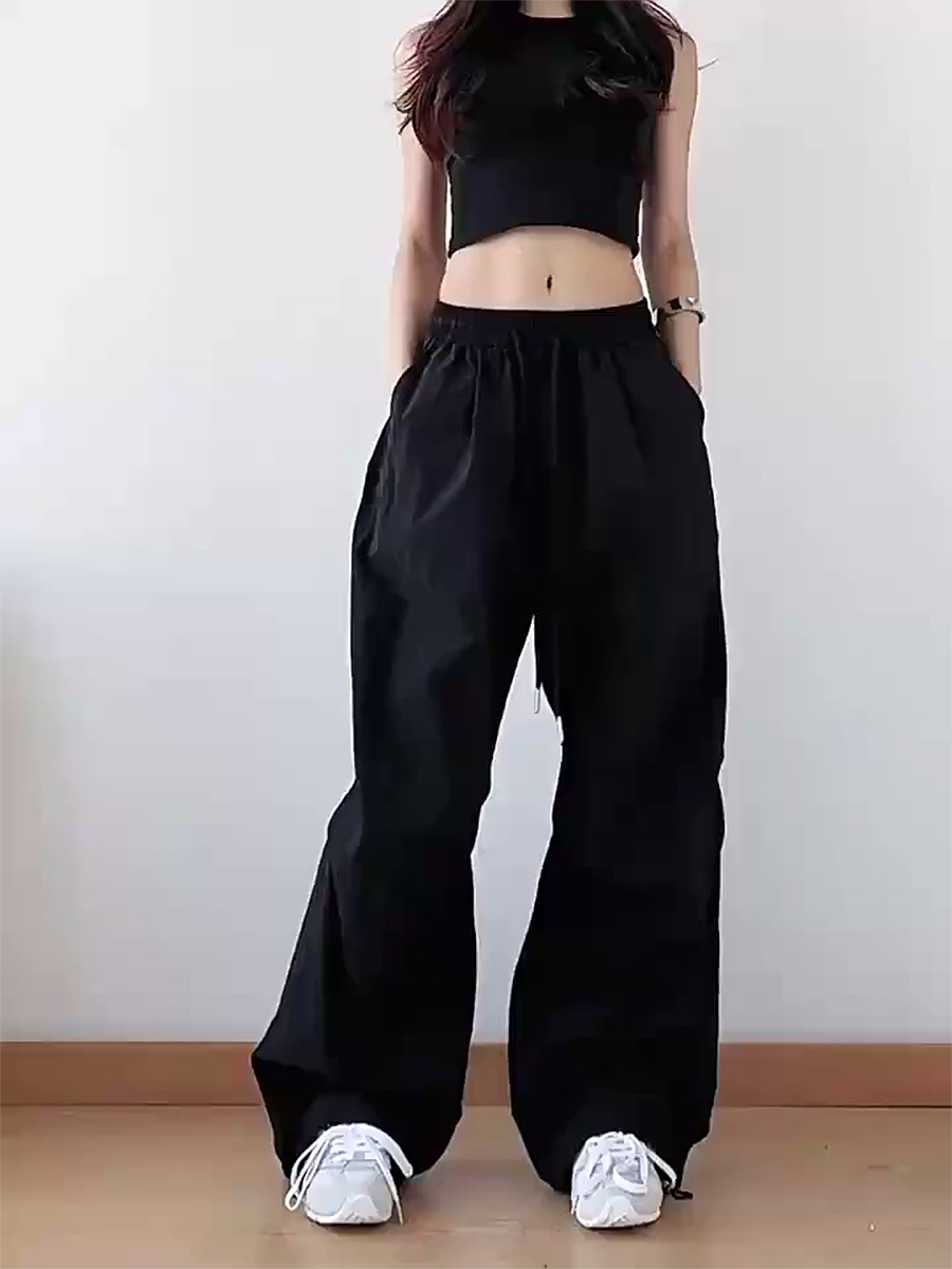 American Retro Blue Wide-Leg Cargo Pants for Women - Summer Loose Fit Casual Sports Floor-Length Trousers American Retro Blue Wide-Leg Cargo Pants for Women - Summer Loose Fit Casual Sports Floor-Length Trousers