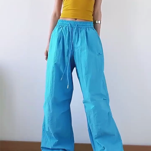 American Retro Blue Wide-Leg Cargo Pants for Women - Summer Loose Fit Casual Sports Floor-Length Trousers