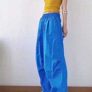 American Retro Blue Wide-Leg Cargo Pants for Women - Summer Loose Fit Casual Sports Floor-Length Trousers