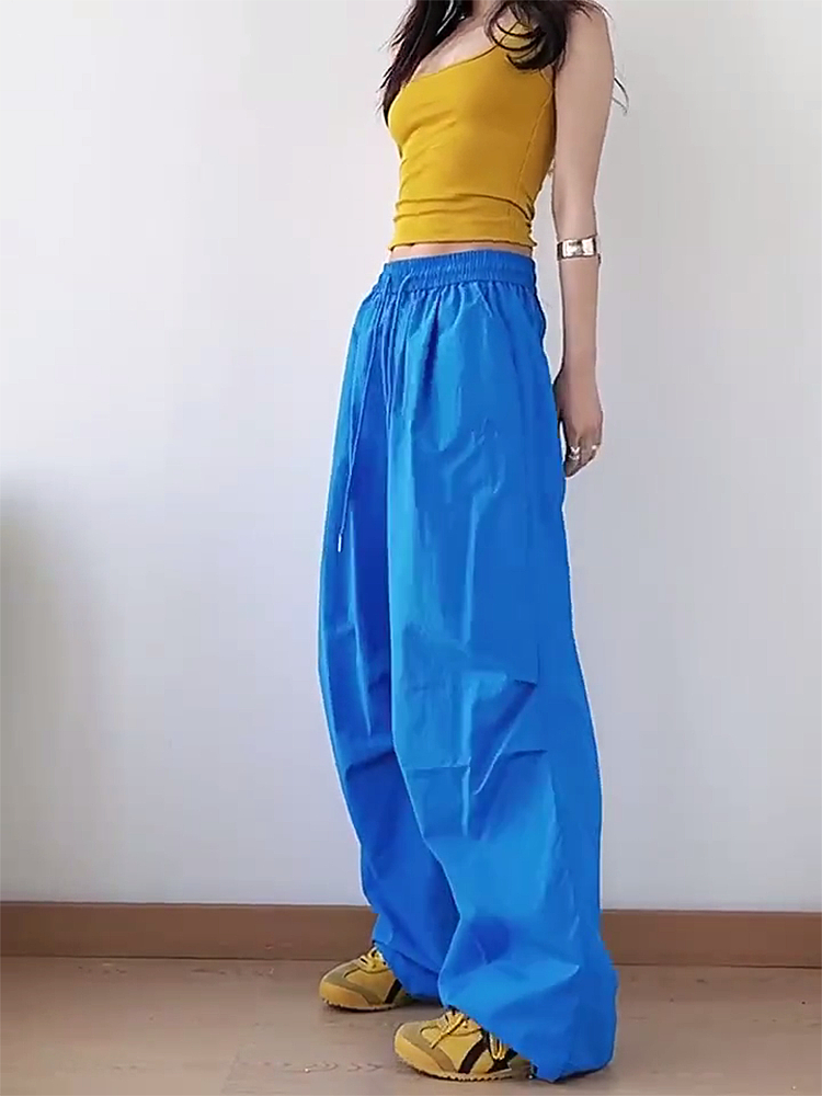 American Retro Blue Wide-Leg Cargo Pants for Women - Summer Loose Fit Casual Sports Floor-Length Trousers American Retro Blue Wide-Leg Cargo Pants for Women - Summer Loose Fit Casual Sports Floor-Length Trousers