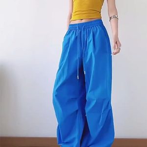 American Retro Blue Wide-Leg Cargo Pants for Women - Summer Loose Fit Casual Sports Floor-Length Trousers