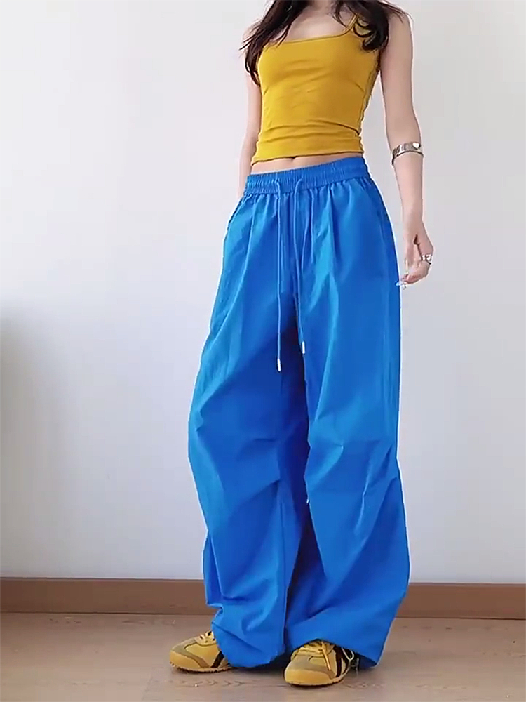 American Retro Blue Wide-Leg Cargo Pants for Women - Summer Loose Fit Casual Sports Floor-Length Trousers American Retro Blue Wide-Leg Cargo Pants for Women - Summer Loose Fit Casual Sports Floor-Length Trousers