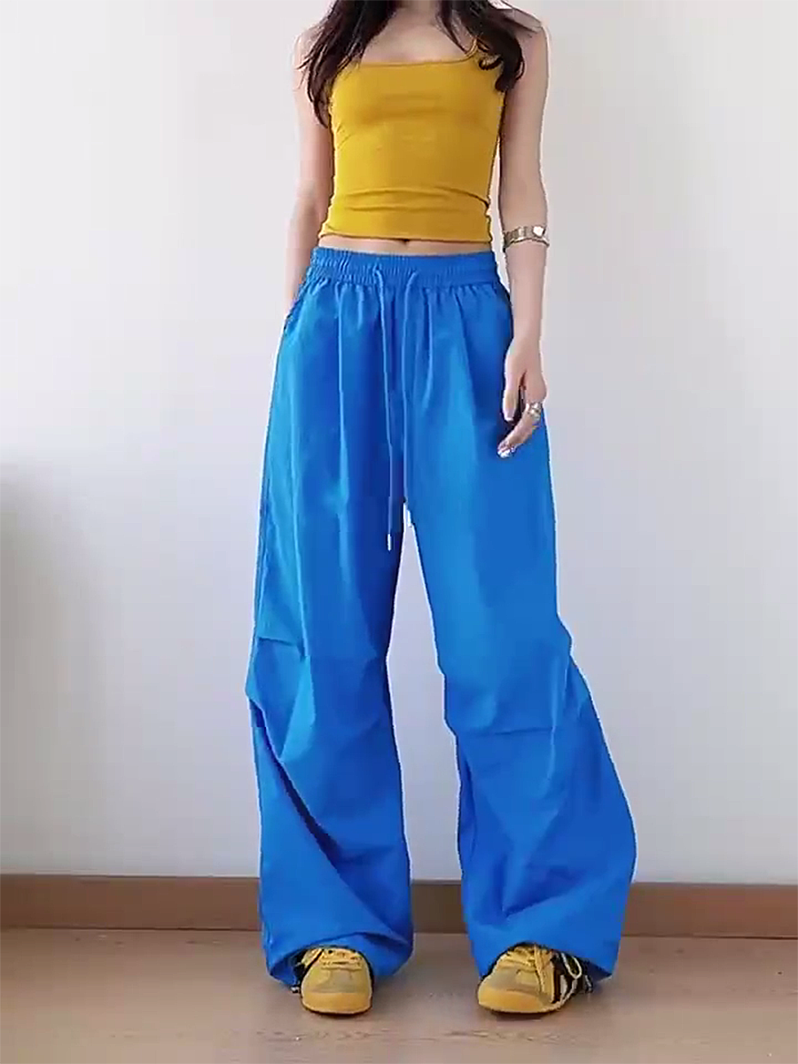 American Retro Blue Wide-Leg Cargo Pants for Women - Summer Loose Fit Casual Sports Floor-Length Trousers American Retro Blue Wide-Leg Cargo Pants for Women - Summer Loose Fit Casual Sports Floor-Length Trousers
