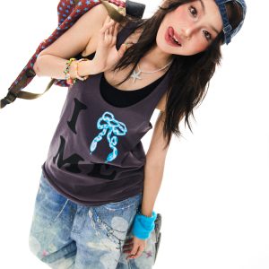 American Retro Bow Tie Tank Top for Women - Summer Casual Mid-Length Sleeveless Top, Y2K Style