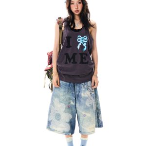 American Retro Bow Tie Tank Top for Women - Summer Casual Mid-Length Sleeveless Top, Y2K Style