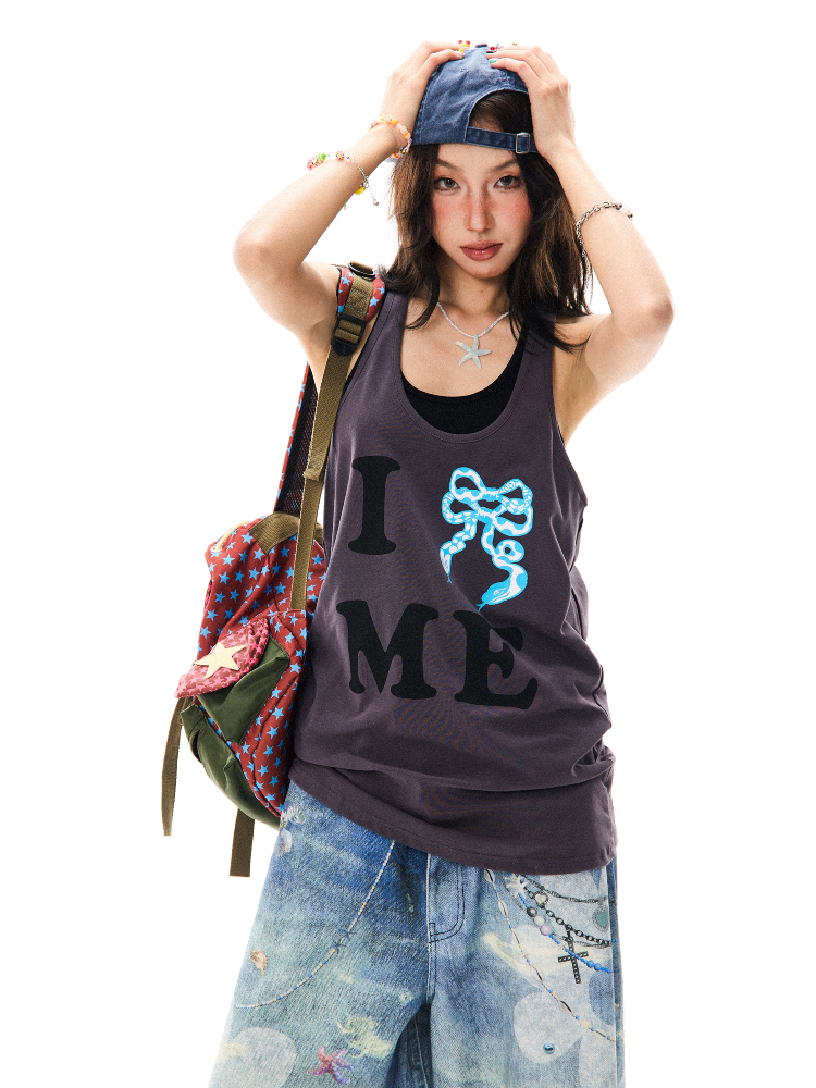 American Retro Bow Tie Tank Top for Women - Summer Casual Mid-Length Sleeveless Top, Y2K Style American Retro Bow Tie Tank Top for Women - Summer Casual Mid-Length Sleeveless Top, Y2K Style