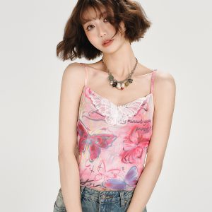 American Retro Butterfly Mesh Camisole - Spicy Girl Slim Fit Summer Top for Women, Y2K Style, Trendy and Chic