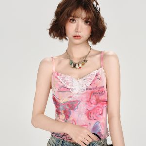 American Retro Butterfly Mesh Camisole - Spicy Girl Slim Fit Summer Top for Women, Y2K Style, Trendy and Chic