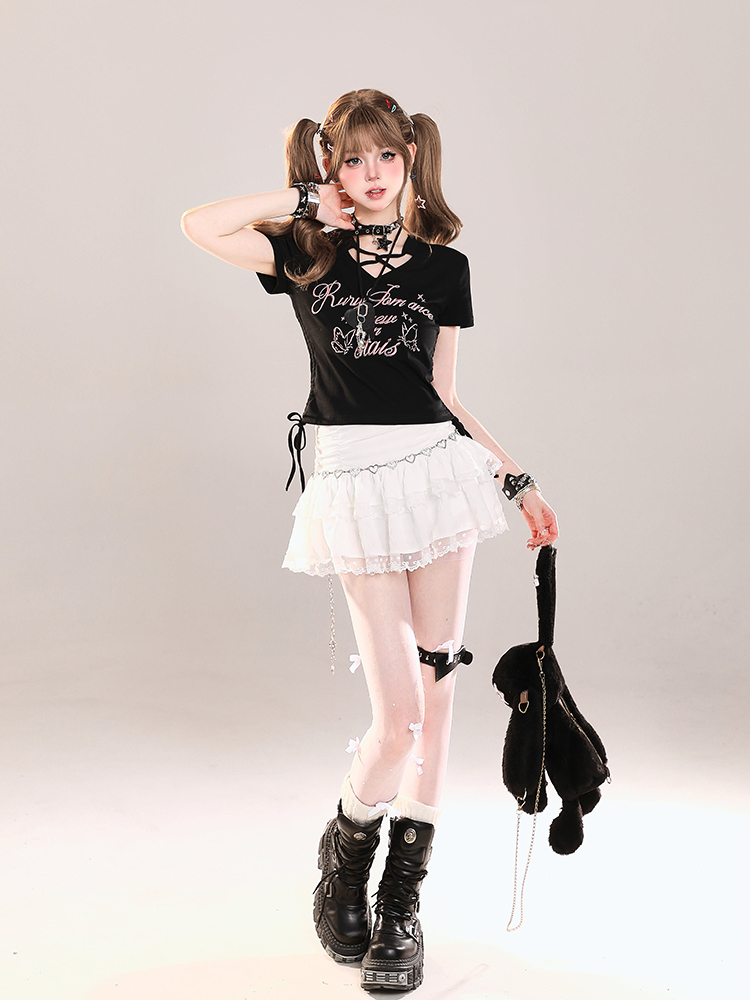 American Retro Butterfly Print Short Sleeve T-Shirt for Girls, Summer Ruffled Drawstring Slim Fit Cropped Top, Y2K Style American Retro Butterfly Print Short Sleeve T-Shirt for Girls, Summer Ruffled Drawstring Slim Fit Cropped Top, Y2K Style