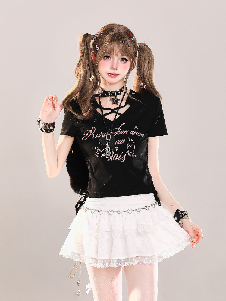 American Retro Butterfly Print Short Sleeve T-Shirt for Girls, Summer Ruffled Drawstring Slim Fit Cropped Top, Y2K Style American Retro Butterfly Print Short Sleeve T-Shirt for Girls, Summer Ruffled Drawstring Slim Fit Cropped Top, Y2K Style