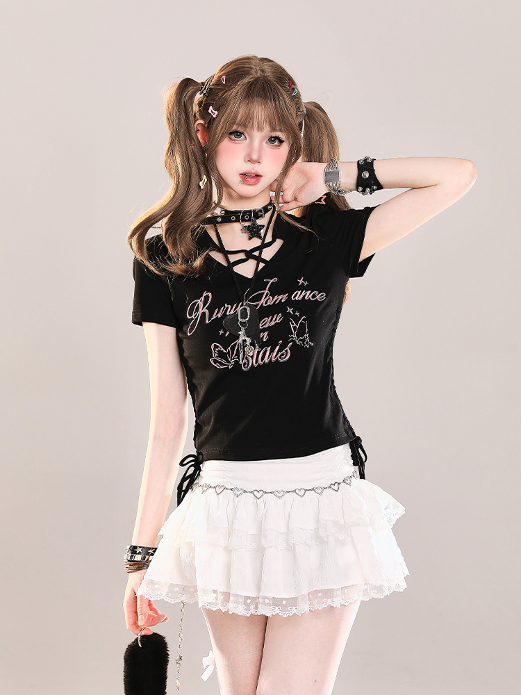 American Retro Butterfly Print Short Sleeve T-Shirt for Girls, Summer Ruffled Drawstring Slim Fit Cropped Top, Y2K Style American Retro Butterfly Print Short Sleeve T-Shirt for Girls, Summer Ruffled Drawstring Slim Fit Cropped Top, Y2K Style