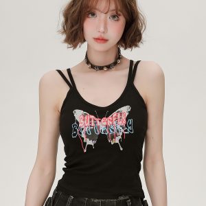 American Retro Butterfly Strap Camisole for Women - Fitted Summer Tank Top with Chest Pads, Spicy Girl Style