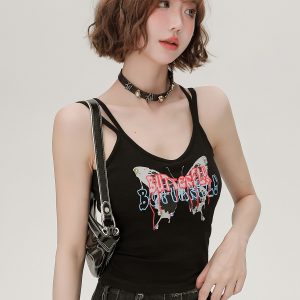 American Retro Butterfly Strap Camisole for Women - Fitted Summer Tank Top with Chest Pads, Spicy Girl Style