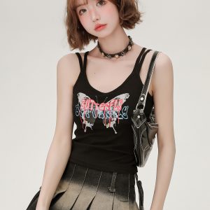 American Retro Butterfly Strap Camisole for Women - Fitted Summer Tank Top with Chest Pads, Spicy Girl Style