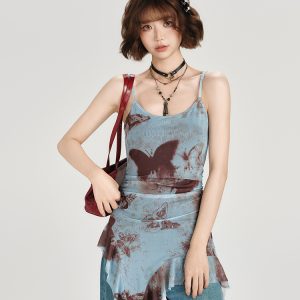 American Retro Butterfly Strap Dress for Women - Summer Mesh Floating Ribbon Design, Slim Fit, Girly Style