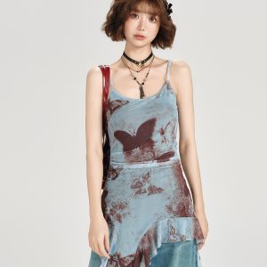 American Retro Butterfly Strap Dress for Women - Summer Mesh Floating Ribbon Design, Slim Fit, Girly Style