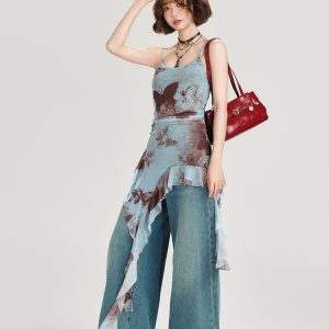 American Retro Butterfly Strap Dress for Women - Summer Mesh Floating Ribbon Design, Slim Fit, Girly Style