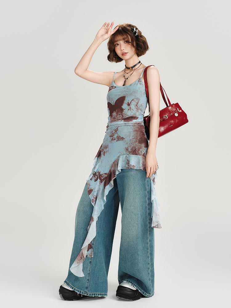 American Retro Butterfly Strap Dress for Women - Summer Mesh Floating Ribbon Design, Slim Fit, Girly Style American Retro Butterfly Strap Dress for Women - Summer Mesh Floating Ribbon Design, Slim Fit, Girly Style