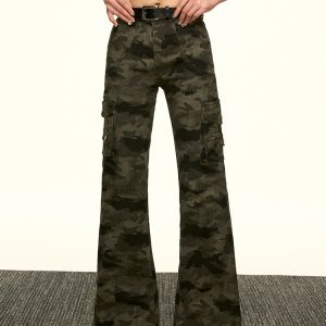 American Retro Camouflage Multi-Pocket Work Pants for Women - Summer Slim Flared Wide-Leg Floor-Length Style