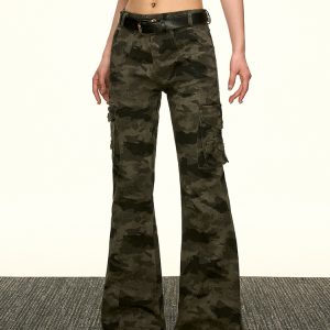 American Retro Camouflage Multi-Pocket Work Pants for Women - Summer Slim Flared Wide-Leg Floor-Length Style