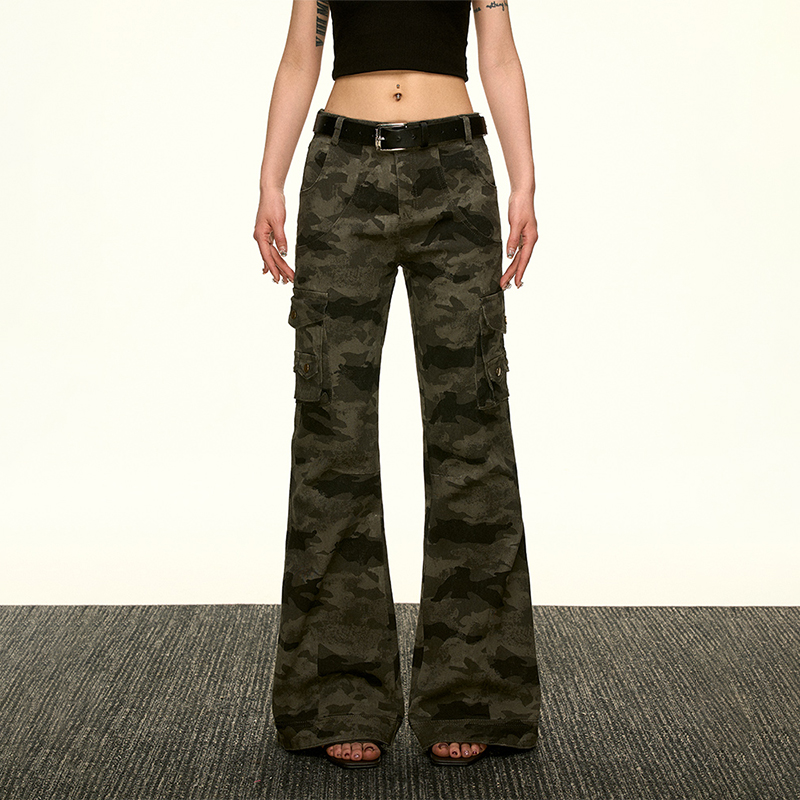 American Retro Camouflage Multi-Pocket Work Pants for Women - Summer Slim Flared Wide-Leg Floor-Length Style