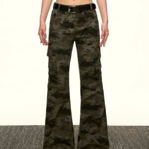 American Retro Camouflage Multi-Pocket Work Pants for Women - Summer Slim Flared Wide-Leg Floor-Length Style