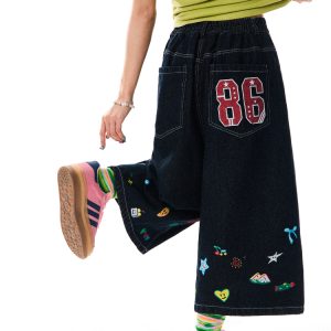 American Retro Cartoon Printed Denim Shorts for Women - Loose Fit, Versatile Seven-Point Wide-Leg Style