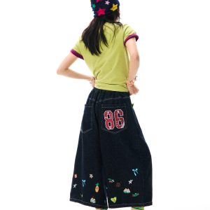 American Retro Cartoon Printed Denim Shorts for Women - Loose Fit, Versatile Seven-Point Wide-Leg Style