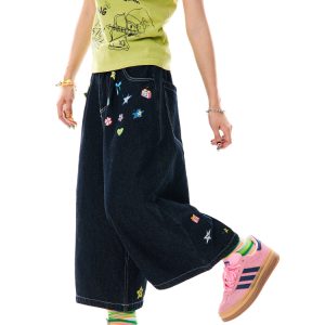 American Retro Cartoon Printed Denim Shorts for Women - Loose Fit, Versatile Seven-Point Wide-Leg Style