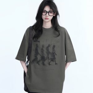 American Retro Character Black Short-Sleeve T-Shirt for Women - Summer Heavy Loose Round Neck Trendy Tee