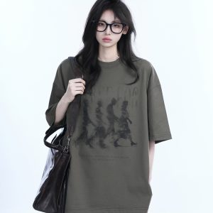 American Retro Character Black Short-Sleeve T-Shirt for Women - Summer Heavy Loose Round Neck Trendy Tee