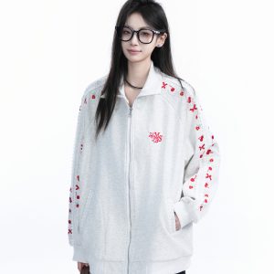 American Retro Cherry Bow Embroidered Cardigan Sweatshirt for Women - Plush Loose Zip-Up Jacket, Y2K Inspired Fashion