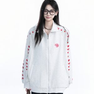 American Retro Cherry Bow Embroidered Cardigan Sweatshirt for Women - Plush Loose Zip-Up Jacket, Y2K Inspired Fashion