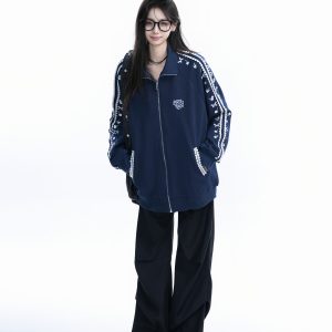 American Retro Cherry Bow Embroidered Cardigan Sweatshirt for Women - Plush Loose Zip-Up Jacket, Y2K Inspired Fashion