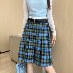 American Retro College Style Scottish Plaid Pleated Skirt - Women's Mid-Length A-Line Checkered Summer Skirt