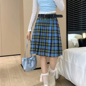 American Retro College Style Scottish Plaid Pleated Skirt - Women's Mid-Length A-Line Checkered Summer Skirt