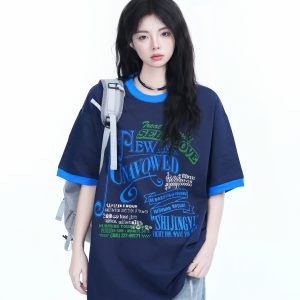 American Retro Color-Block Round Neck Short Sleeve T-Shirt for Women - Loose Fit Summer Style, Casual Couple Top